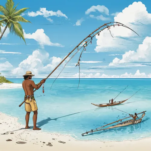 Fishing the traditional way with a harpoon, at the White Sands, Tetamanu Pass, Fakarava Island, Tuamotu archipelago, French Polynesia, Pacific - 814-1551,fishing equipment,fishing classes,fishing floa