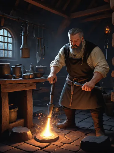 blacksmith,dwarf cookin,tinsmith,candlemaker,potter's wheel,cooking pot,cookery,metalsmith,forge,wood-burning stove,smelting,fire master,silversmith,dutch oven,shoemaking,hearth,witcher,cannon oven,merchant,geppetto,Illustration,Black and White,Black and White 20