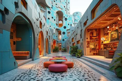 a view down an empty hallway with a round bench and colorful seating,masdar,riad,dubia,mahdavi,largest hotel in dubai,souk madinat jumeirah