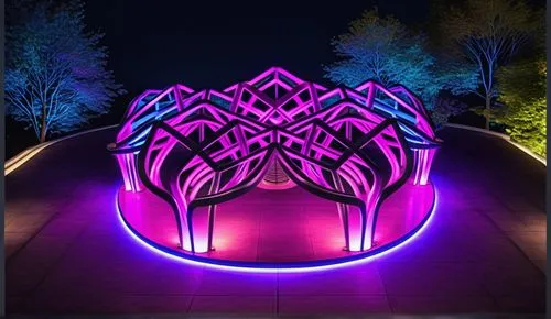 main steel pavilion structure, pedestal connection, glass panel as pavilion roof, pink blue and purple LED light on structure, night scene,light paint,plasma lamp,light art,light drawing,light graffit