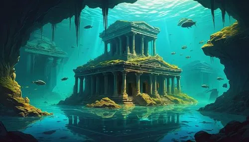 atlantica,underwater landscape,atlantis,sunken church,herakleion,underwater oasis,Conceptual Art,Fantasy,Fantasy 21