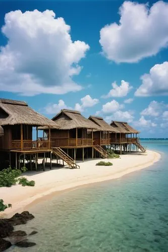 Stilt houses, tropical island, sunny day, clear blue sky, white puffy clouds, palm trees swaying gently, stilts made of wooden pillars, thatched roof, bamboo walls, large windows, sliding glass doors,