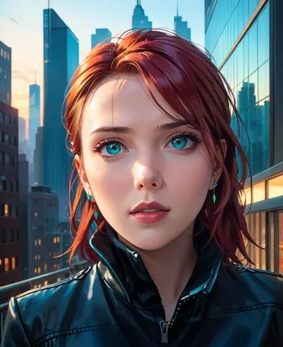 the iconic figure of Scarlett Johansson as a  brave and imposing figure, known for his red hair and piercing turquoise eyes, stands tall in the stands of New York City's iconic skyline. Clad in a slee