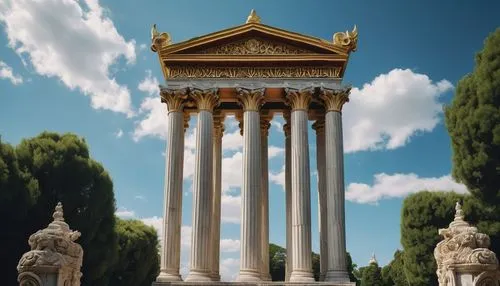 Ancient Ionic capital, ornate column, marble material, intricate carvings, golden accents, majestic temple, sunny day, clear blue sky, few white clouds, lush greenery surroundings, stone pathway leadi