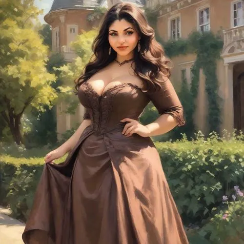 a painting of a beautiful lady wearing a dress in front of a building,monalisa,elissa,lumidee,vidya,world digital painting,victorian lady,Digital Art,Impressionism