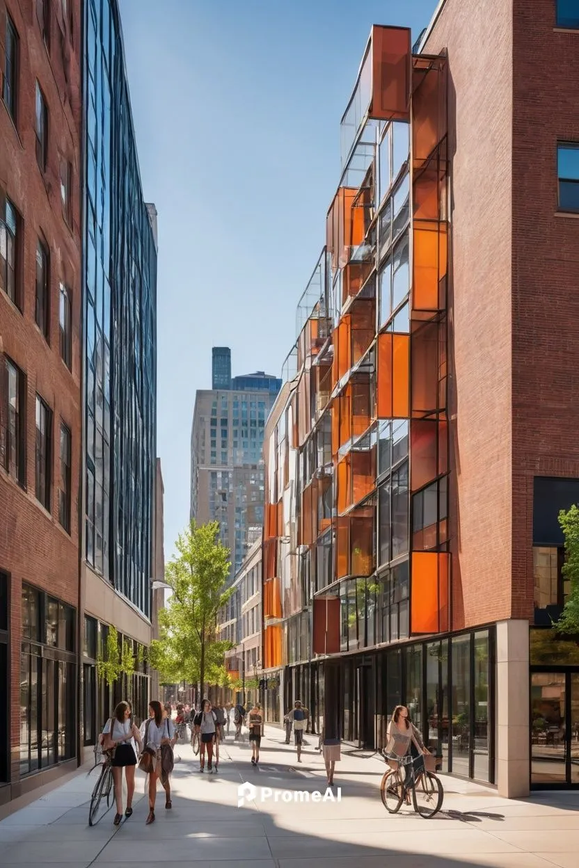 Urbana-Champaign cityscape, Illinois, modern architecture, sleek skyscrapers, glass facades, steel frames, urban planning, bustling streets, afternoon sunlight casting long shadows, busy pedestrians, 