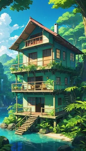 house by the water,house with lake,summer cottage,teahouse,tropical house,houseboat,forest house,butka,ghibli,wooden house,dreamhouse,floating huts,tree house,house in the forest,treehouses,houseboats,house in mountains,tree house hotel,ryokan,treehouse,Illustration,Japanese style,Japanese Style 03