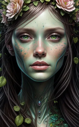 dryad,faery,faerie,elven flower,girl in flowers,flora,fantasy portrait,flower fairy,starflower,elven,fae,anahata,the enchantress,gypsywort,mystical portrait of a girl,fantasy art,mentha,fairy queen,girl in a wreath,poison ivy