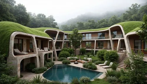 earthship,ecovillages,futuristic architecture,grass roof,ecotopia,cube stilt houses,roof landscape,cubic house,landscaped,dreamhouse,beautiful home,cube house,green living,treehouses,forest house,hanging houses,house in the mountains,greenery,ecovillage,house in mountains