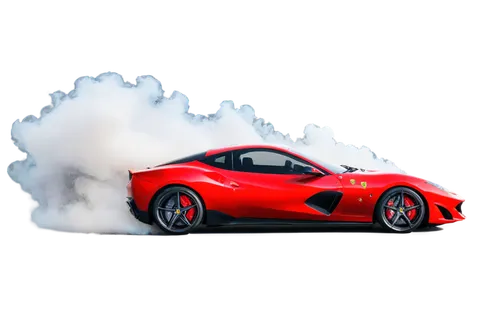 Ferrari car, red sports car, shiny metallic body, sleek design, racing stripe, black alloy wheels, low-angle shot, dramatic lighting, smoke effect, motion blur, dynamic composition, cinematic atmosphe