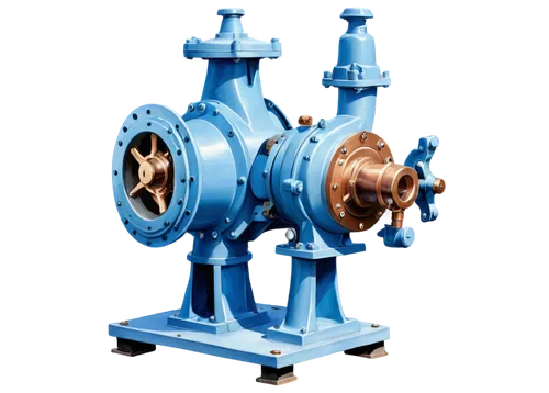 industrial water pump, solo, metallic body, copper pipes, steel base, electric motor, rotating impeller, water inlet outlet, buttons control panel, gray blue color, detailed bolts screws, morning soft