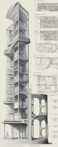 tower megalopolis section to scale based on altered carbon,a drawing of a tall building next to a bridge,multistorey,habitaciones,associati,unbuilt,archigram,kirrarchitecture,Unique,Design,Blueprint