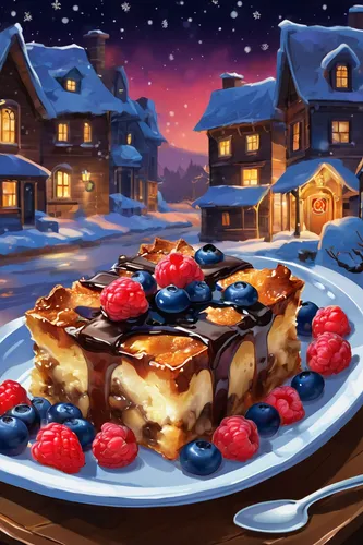 Imagine a snowy winter night where a warm bread pudding brings comfort and joy.,french toast,bread and butter pudding,bread pudding,mille-feuille,sugared pancake with raisins,vasilopita,blintz,streuse