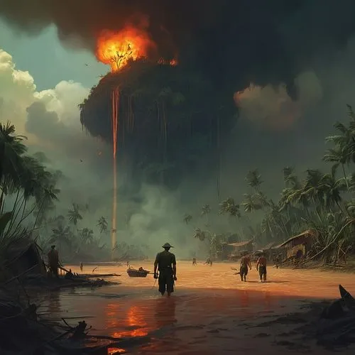 krakatoa,the eruption,krakatau,vietnam,firefall,eruption,volcanic eruption,varsavsky,krafla volcano,oil drop,scorched earth,cambodia,island suspended,post-apocalyptic landscape,mushroom cloud,fitzcarraldo,the volcano,rangoon,flamanville,volcanic activity,Conceptual Art,Fantasy,Fantasy 01