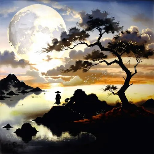 a painting of the moon at sunset behind a tree,silhouette art,dusk background,world digital painting,landscape background,digital art,digital painting,Illustration,Paper based,Paper Based 30