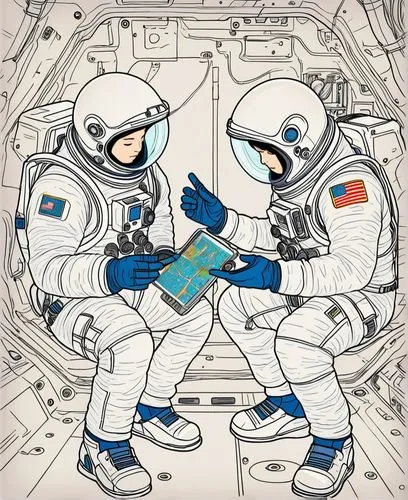 宇宙飞船，太空人，电子地图，宇航服，电线，机械按钮，卡通，日式漫画，动漫，插画，扁平插画，矢量插画，简洁的线条，细腻的笔触,a spaceman and another person holding a tablet,cosmonauts,astronauts,taikonauts,astronautical,taikonaut,spacewalkers,Illustration,Japanese