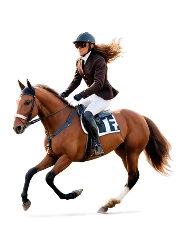 Racehorse, galloping, dynamic pose, athletic body, shiny brown coat, muscular legs, flowing mane, rider in jockey uniform, helmet and goggles, detailed saddle and reins, sunny day, outdoor racing trac