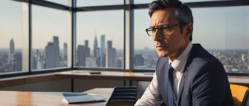 Male, mature adult, (35-45yo), serious facial expression, glasses, short black hair, suit, white shirt, tie, briefcase, sitting, office desk, laptop, blueprint, pencil, ruler, modern interior design, 