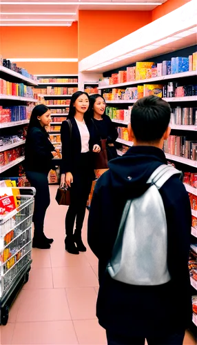 Black Friday sale, shopping event, crowded store interior, shelves stacked with discounted products, fluorescent lighting, excited customers, cashiers scanning items, shopping carts overflowing, 3/4 c