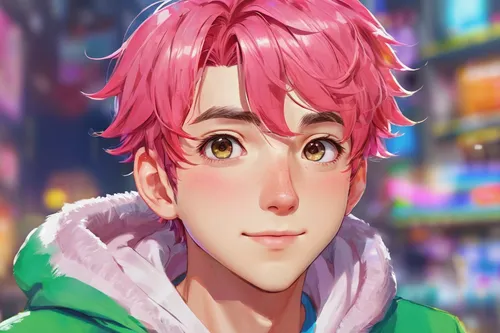 20160124 Male Portrait, psdelux ... on ArtStation at https://www.artstation.com/artwork/2Wl2J,anime boy,candy boy,pink hair,digital painting,pink green,portrait background,luka,chaoyang,city ​​portrai