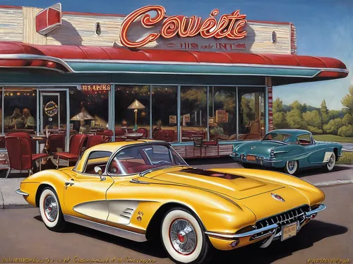 american classic cars,chevrolet corvette,corvette,classic cars,drive in restaurant,vintage cars,cabriolet,car salon,retro diner,car hop,car boutique,cadillac coupe de ville,cadillac de ville series,buick classic cars,muscle car cartoon,car dealer,cadillac,ford contour,classic car,buick century,Illustration,Retro,Retro 06