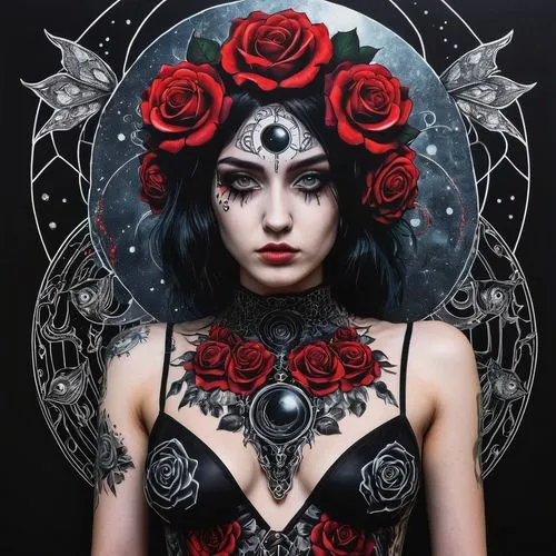 gothic portrait,hecate,viveros,black rose,widow flower,gothic woman,Illustration,Paper based,Paper Based 19