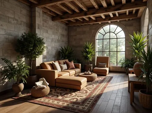 sitting room,living room,sunroom,livingroom,wooden beams,loft,3d rendering,interior design,house plants,home interior,houseplants,interiors,wooden windows,interior decor,indoor,3d render,family room,great room,interior decoration,3d rendered