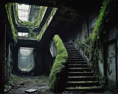 overgrowth,moss landscape,overgrown,abandoned place,abandoned places,lost place,undergrowth,lostplace,disused,plant tunnel,kudzu,tunnel of plants,lost places,mossy,abandoned,abandoned room,urbex,greenery,winding steps,moss,Conceptual Art,Sci-Fi,Sci-Fi 13