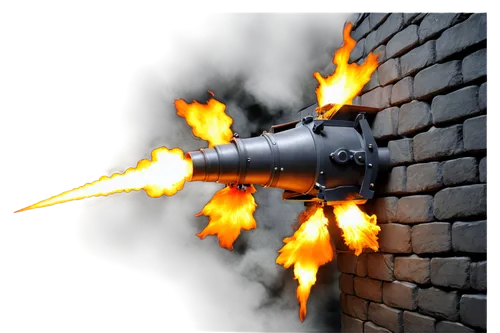 Explosive cannon sound effect, metallic barrel, smoke burst, flaming muzzle flash, dark grey stone wall background, dramatic low-angle shot, intense spotlight, high-contrast shading, detailed texture,