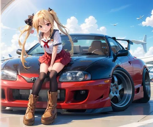 a white MK3 toyota supra wide body, wide rims, with a beautiful woman, long silky blonde hair, short red skirt, school uniform blouse, and platform boots, with sheer stockings,a young anime girl leani