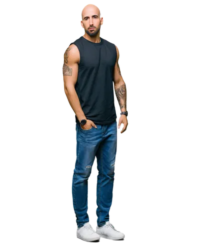 Bald Hispanic man, strong facial features, thick eyebrows, prominent nose, short beard, muscular build, sleeveless shirt, tattoos on arms, ripped jeans, sneakers, confident posture, hands in pockets, 