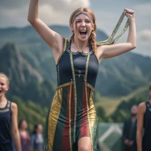 Ein westdeutsches Mädchen freut sich über das Leben, als sie bei einem Schulsportwettbewerb die Ziellinie überquert und eine Medaille gewinnt, umgeben von jubelnden Klassenkameraden und stolzen Eltern