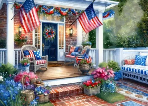 front porch,porch,country cottage,white picket fence,summer cottage,country house,porch swing,cottage,homefront,old colonial house,housedress,summer border,house painting,exterior decoration,beautiful home,decors,cottage garden,home landscape,decorated,americana