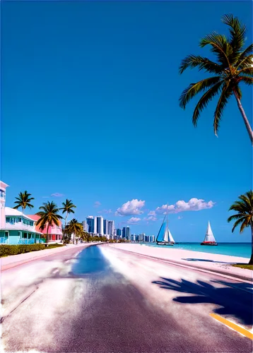 Miami cityscape, sunny day, blue sky, palm trees lining streets, Art Deco buildings, pastel-colored houses, white sandy beach, clear turquoise water, sailboats and yachts docked, vibrant nightlife sce