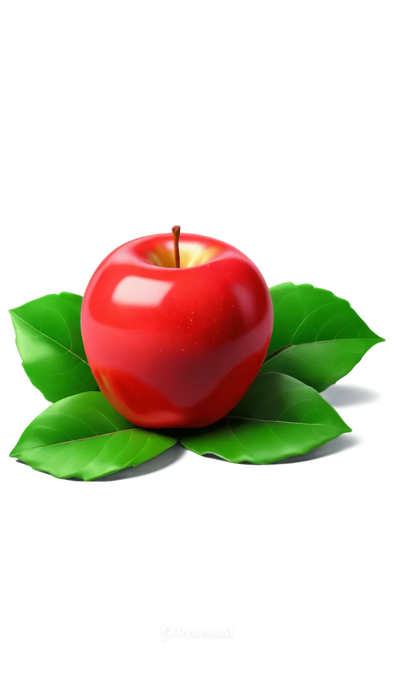 Red apple, glossy surface, green leaf, curved stem, vibrant color, semi-realistic, 3D-like, simple composition, centered, soft shadow, warm lighting, high contrast, PNG format, transparent background.