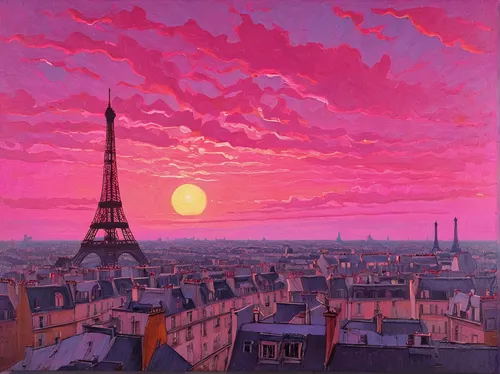 """Acrylic on board painting of a pink dawn over the roofs and iconic Eiffel Tower of Paris by Fabienne Delacroix titled """"L'Aube Sur les Hauteurs de Belleville.""""""",paris,pink dawn,evening city,