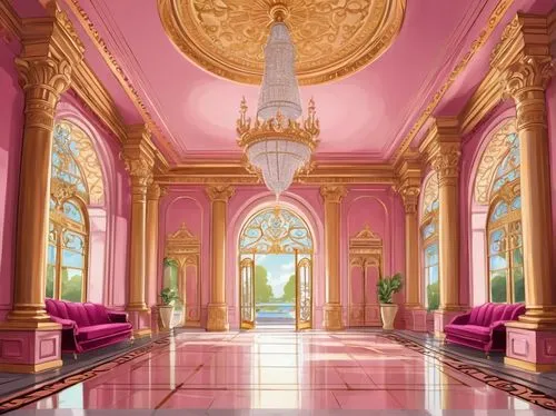 ornate room,ballroom,ritzau,lachapelle,marble palace,hallway,palladianism,grandeur,luxury hotel,beauty room,corridor,great room,hotel lobby,royal interior,pastel wallpaper,cochere,palatial,pink chair,breakfast room,venetian hotel,Illustration,American Style,American Style 13