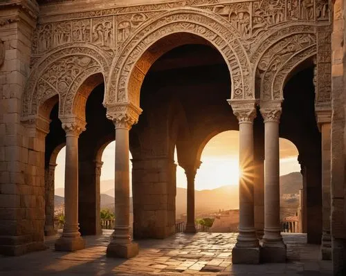 Romanesque architecture, Spain, ancient ruins, weathered stone walls, ornate arches, detailed carvings, grand columns, majestic entrance, intricate mosaics, warm golden lighting, soft focus, cinematic