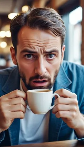 man with surprised face holding cup looking off to the side,espresso,coffee background,cappuccinos,espressos,decaf,expresso