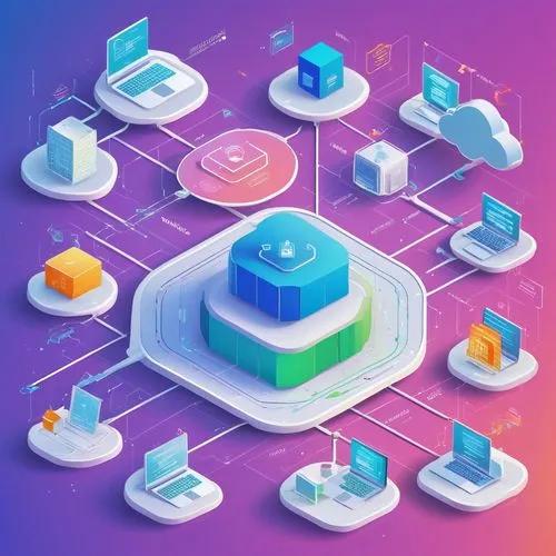 Software architecture diagram, futuristic tone, minimalist style, 3D illustration, isometric view, bright pastel colors, grid paper background, simple icons, clean lines, detailed annotations, arrows 