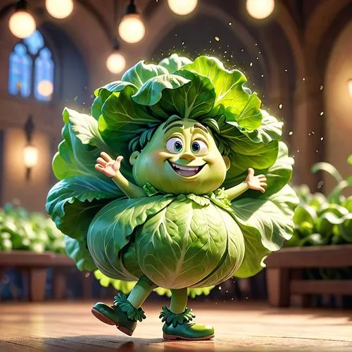 A piece of dancing lettuce,the character dressed as a cabbage is doing a trick,houseleek,romaine,cabbages,pinya,wasowski,escarole,Anime,Anime,Cartoon