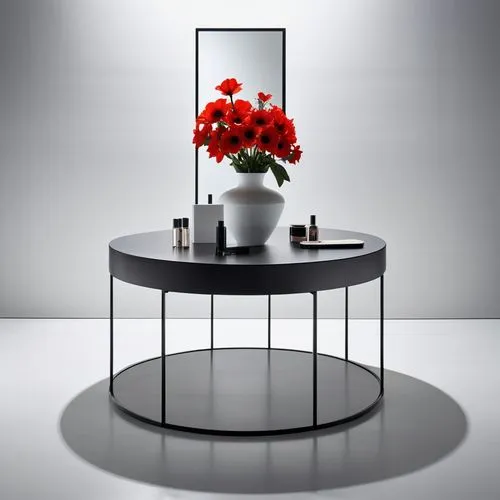 Beauty pop-up makeup table design, modern and minimal, cosmetics display design on the side,dressing table,ikebana,set table,flower vase,glass vase,makeup mirror,black table,shashed glass,mirror frame