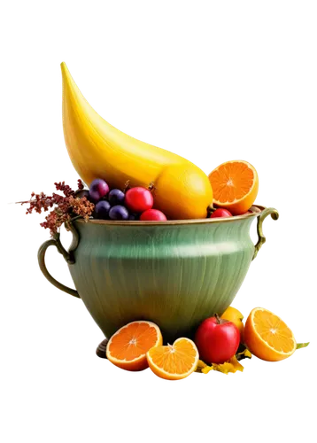 Horn-shaped container, overflowing fruits and flowers, colorful arrangement, autumn theme, golden lighting, soft focus, shallow depth of field, warm color tone, 3/4 composition, still life photography