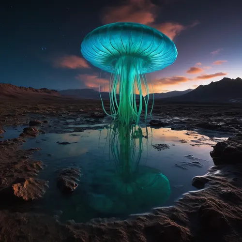 alien world,alien planet,mushroom landscape,cnidaria,bioluminescence,blue mushroom,jellyfish,sea jellies,mushroom cloud,lion's mane jellyfish,sea anemone,extraterrestrial life,alien invasion,jellyfishes,futuristic landscape,alien ship,cloud mushroom,mojave desert,planet alien sky,polyp,Conceptual Art,Fantasy,Fantasy 14