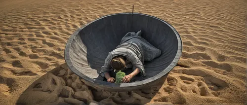 Imagine a scientific expedition studying Terrapene carolina in a remote desert.,girl on the dune,admer dune,wooden boat,dug out canoe,head stuck in the sand,shifting dune,dinghy,shifting dunes,sand bu