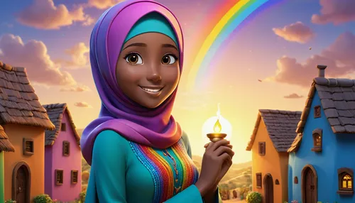 rainbow pencil background,ramadan background,muslima,rainbow background,aladdin,rapunzel,islamic girl,aladin,hijaber,fatima,aladha,hijab,cute cartoon image,muslim woman,disney character,cute cartoon character,animated cartoon,rainbow,agnes,fairy tale character,Unique,3D,3D Character