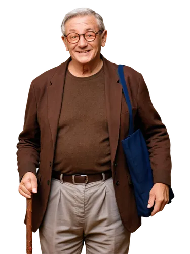 Elderly person, senior citizen, nostalgic, solo, (70yo), wrinkles, grey hair, reading glasses, gentle smile, brown sweater, casual pants, walking stick, soft focus, warm lighting, 3/4 composition, sha