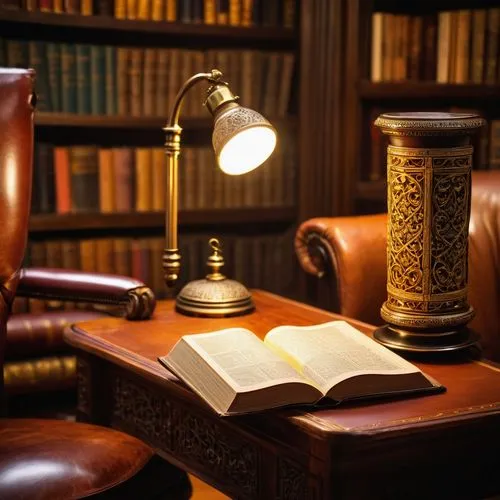 Classic architecture, old leather-bound books, ornate gold decorations, intricate patterns, thick pages, vintage reading lamp, wooden desk, comfortable armchair, warm cozy study room, dim soft lightin