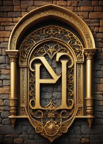 Architectural lettering, 3D font, metallic material, reflective surface, golden color, ornate design, gothic style, stone wall background, mysterious ambiance, low-key lighting, dramatic shadows, gran