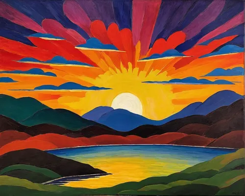 3-fold sun,mountain sunrise,sun,layer of the sun,khokhloma painting,sunburst,summer solstice,pachamama,braque d'auvergne,rising sun,alpine sunset,solar field,sunburst background,sol,fire mountain,indigenous painting,kamchatka,reverse sun,sunset,solar wind,Art,Artistic Painting,Artistic Painting 27